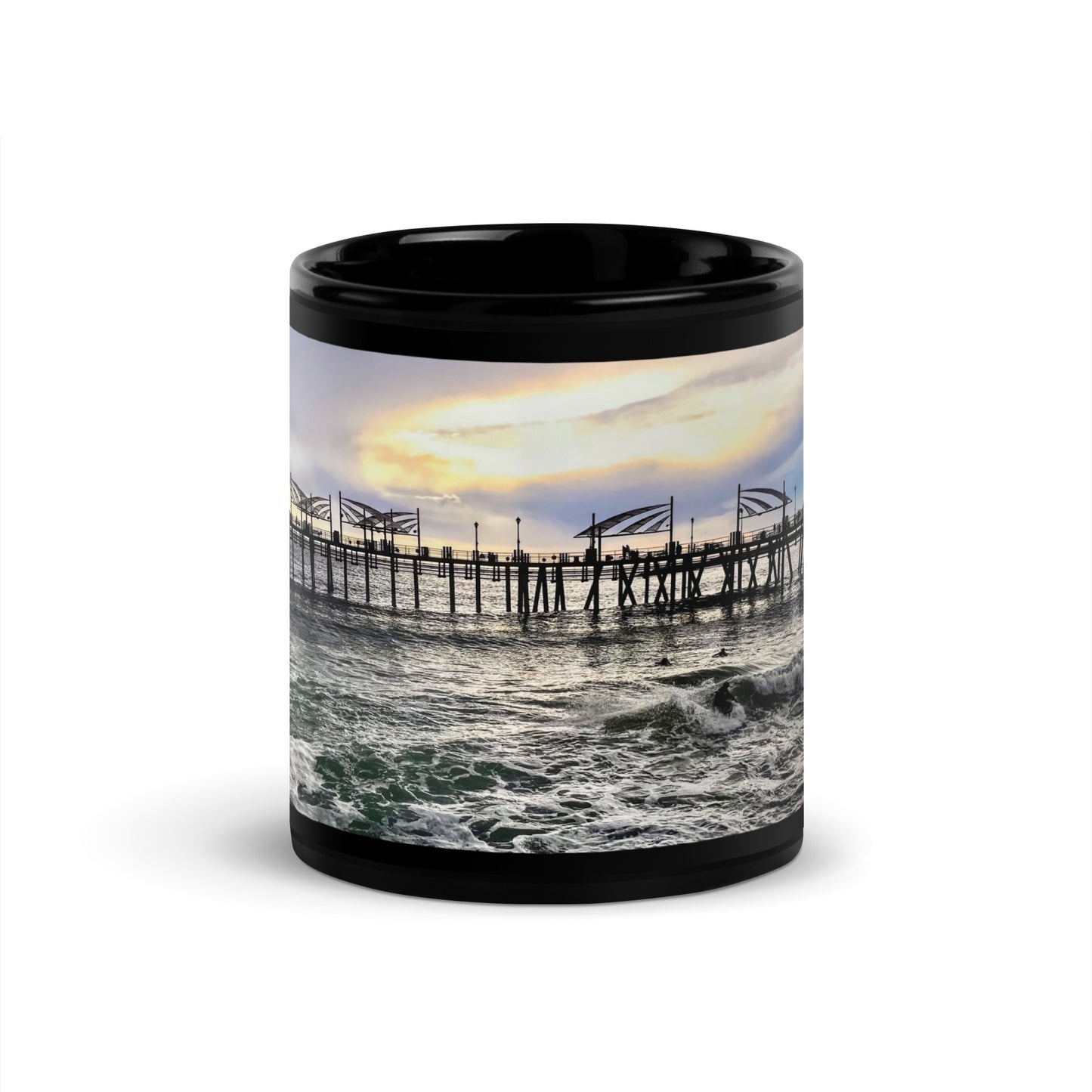 Redondo Beach Pier, Surfers at Sunset - Black Glossy Mug