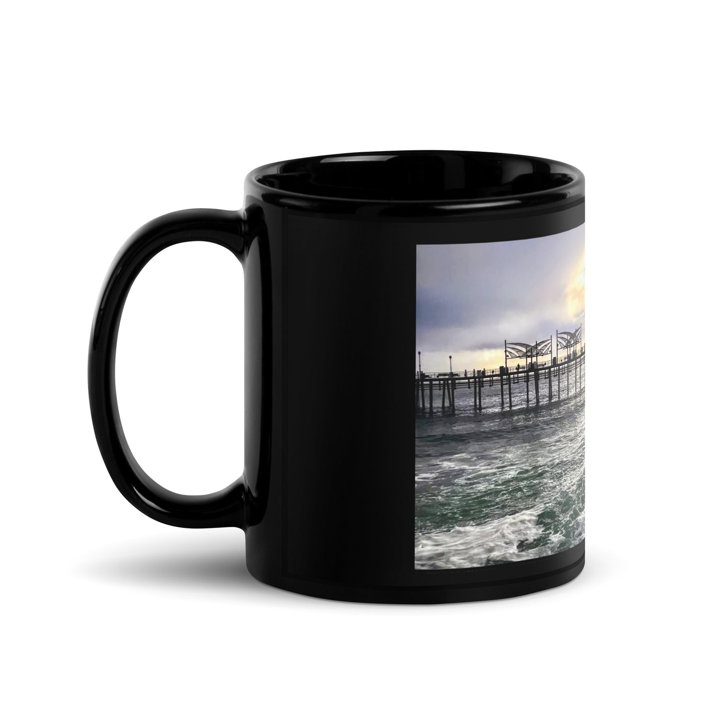 Redondo Beach Pier, Surfers at Sunset - Black Glossy Mug