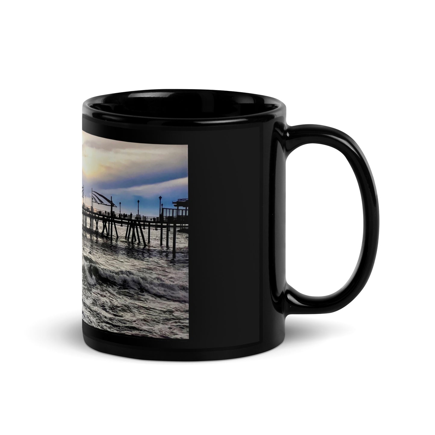 Redondo Beach Pier, Surfers at Sunset - Black Glossy Mug