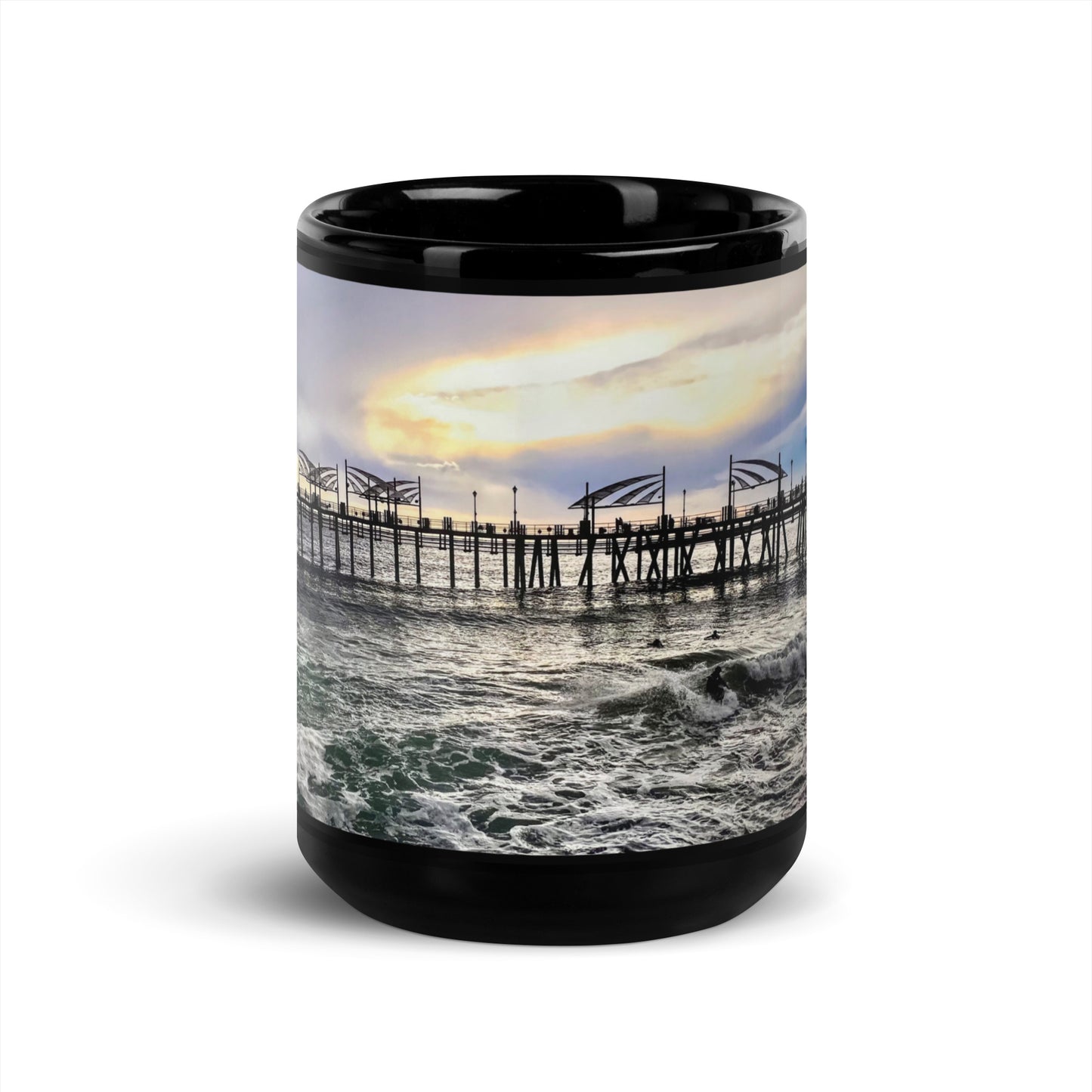 Redondo Beach Pier, Surfers at Sunset - Black Glossy Mug