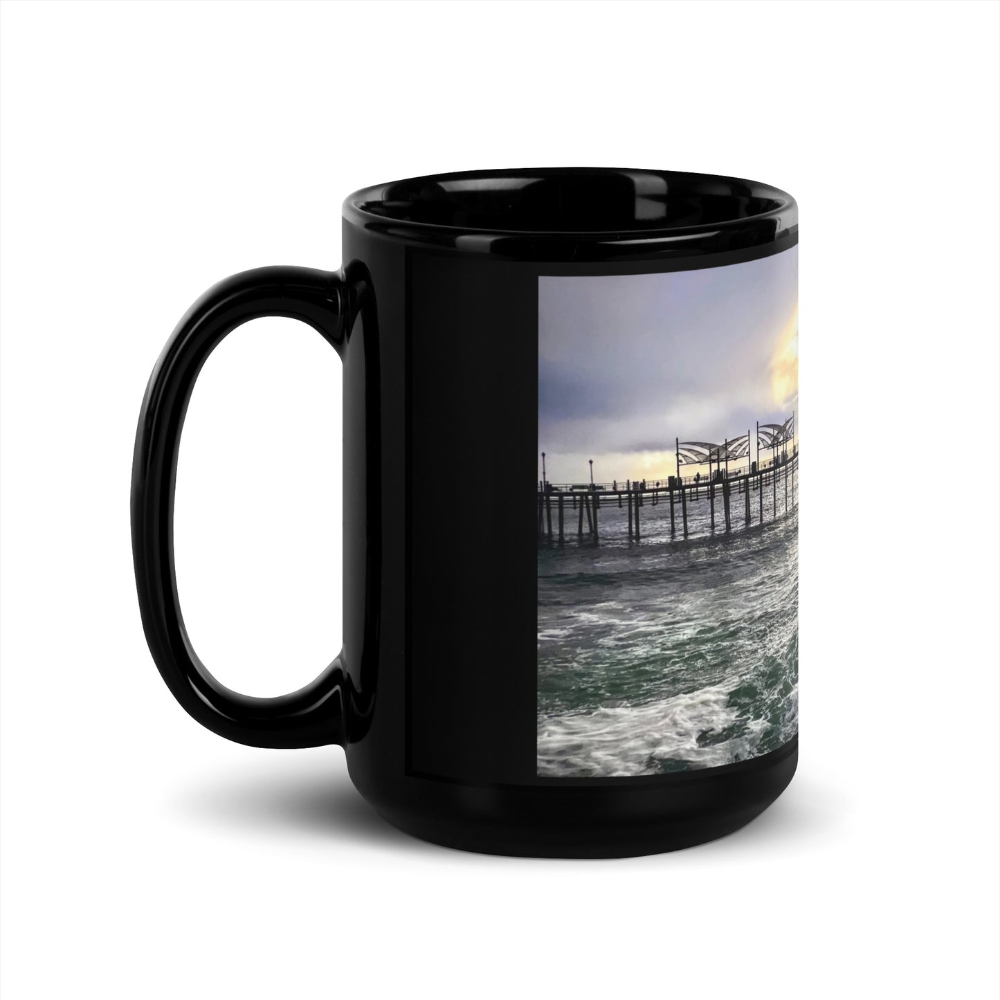 Redondo Beach Pier, Surfers at Sunset - Black Glossy Mug