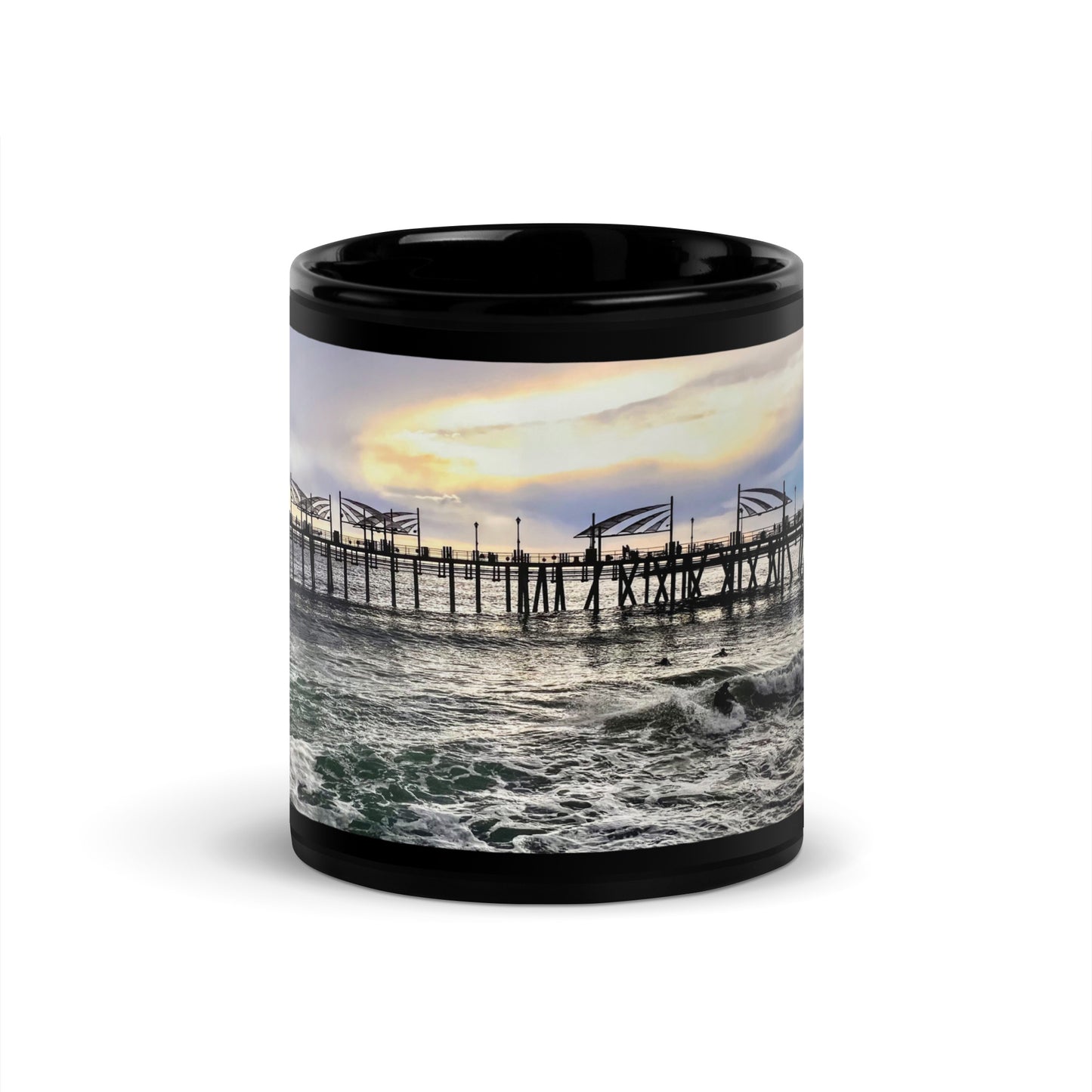 Redondo Beach Pier, Surfers at Sunset -  Black Glossy Mug