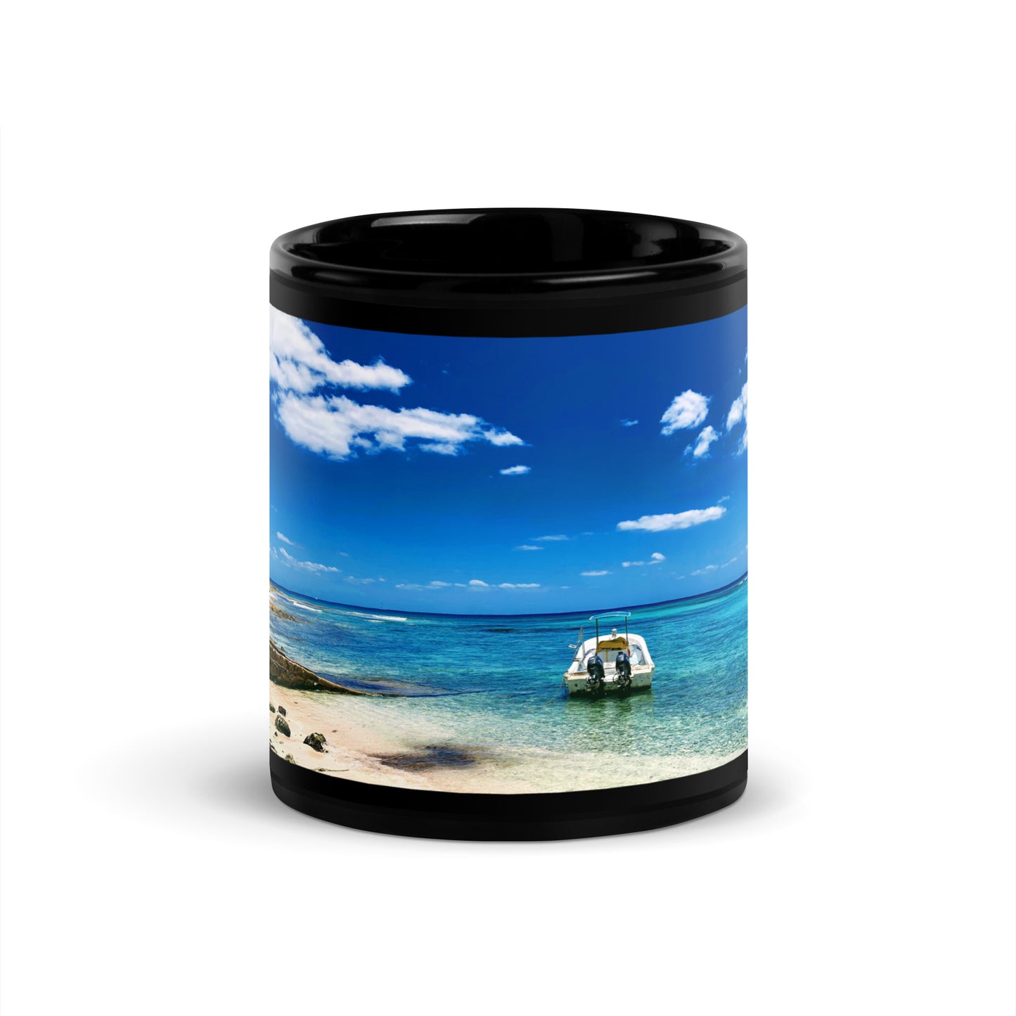 Tropical Waters with Boat - Black Glossy Mug