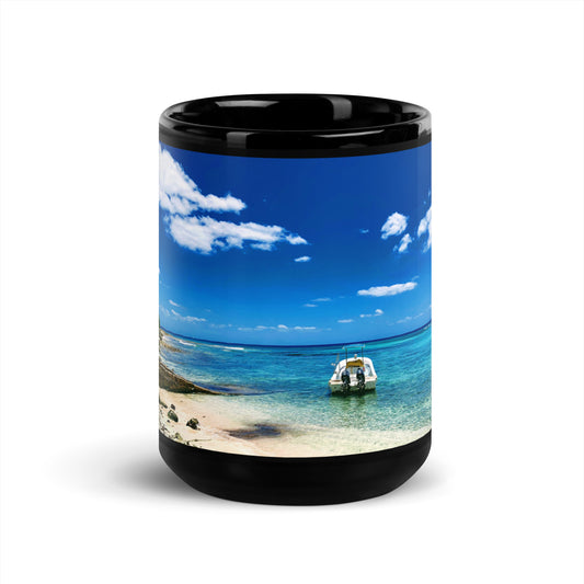 Tropical Waters with Boat - Black Glossy Mug