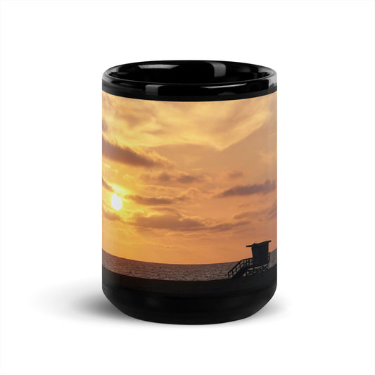 Santa Monica Beach Sunset - Black Glossy Mug