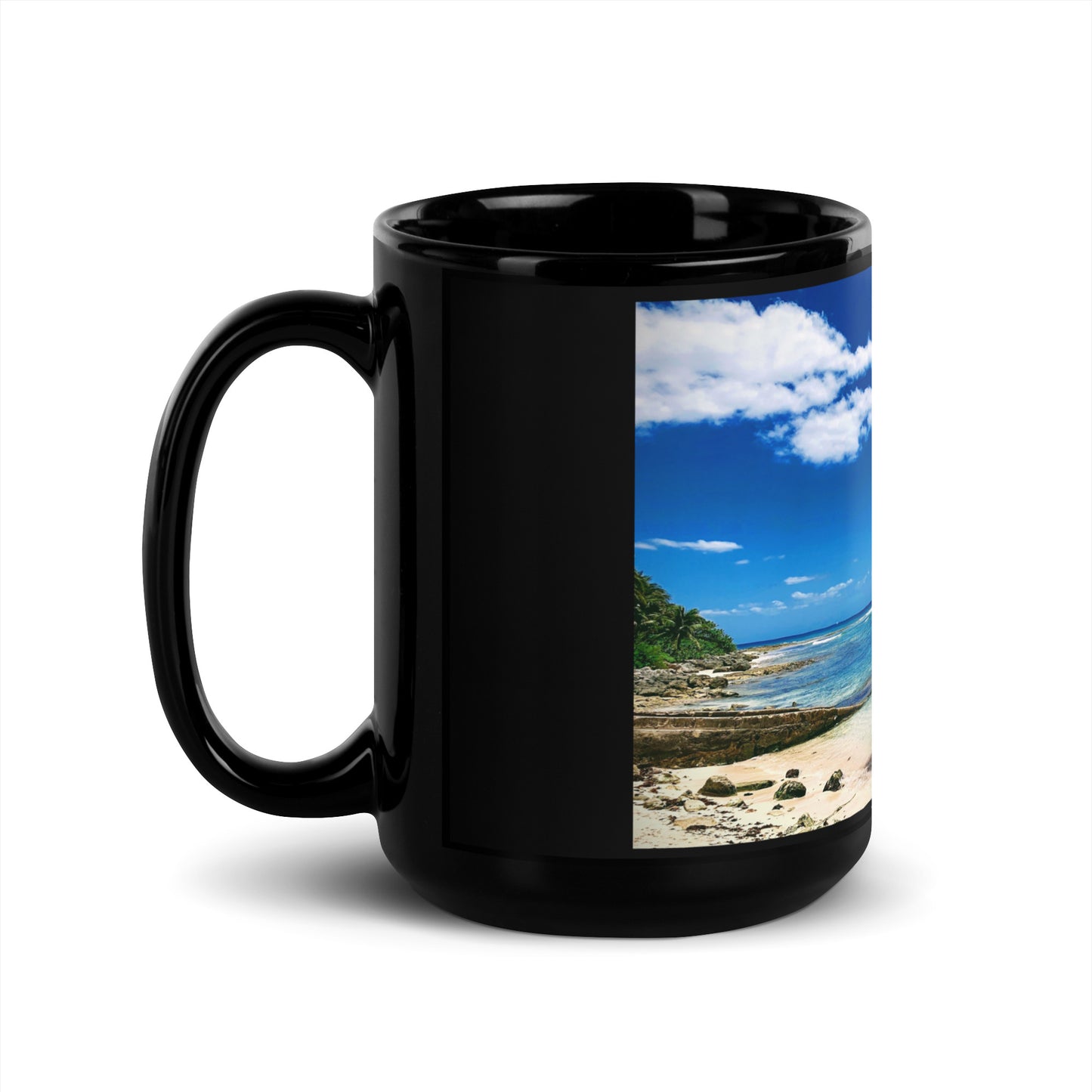 Tropical Waters with Boat - Black Glossy Mug