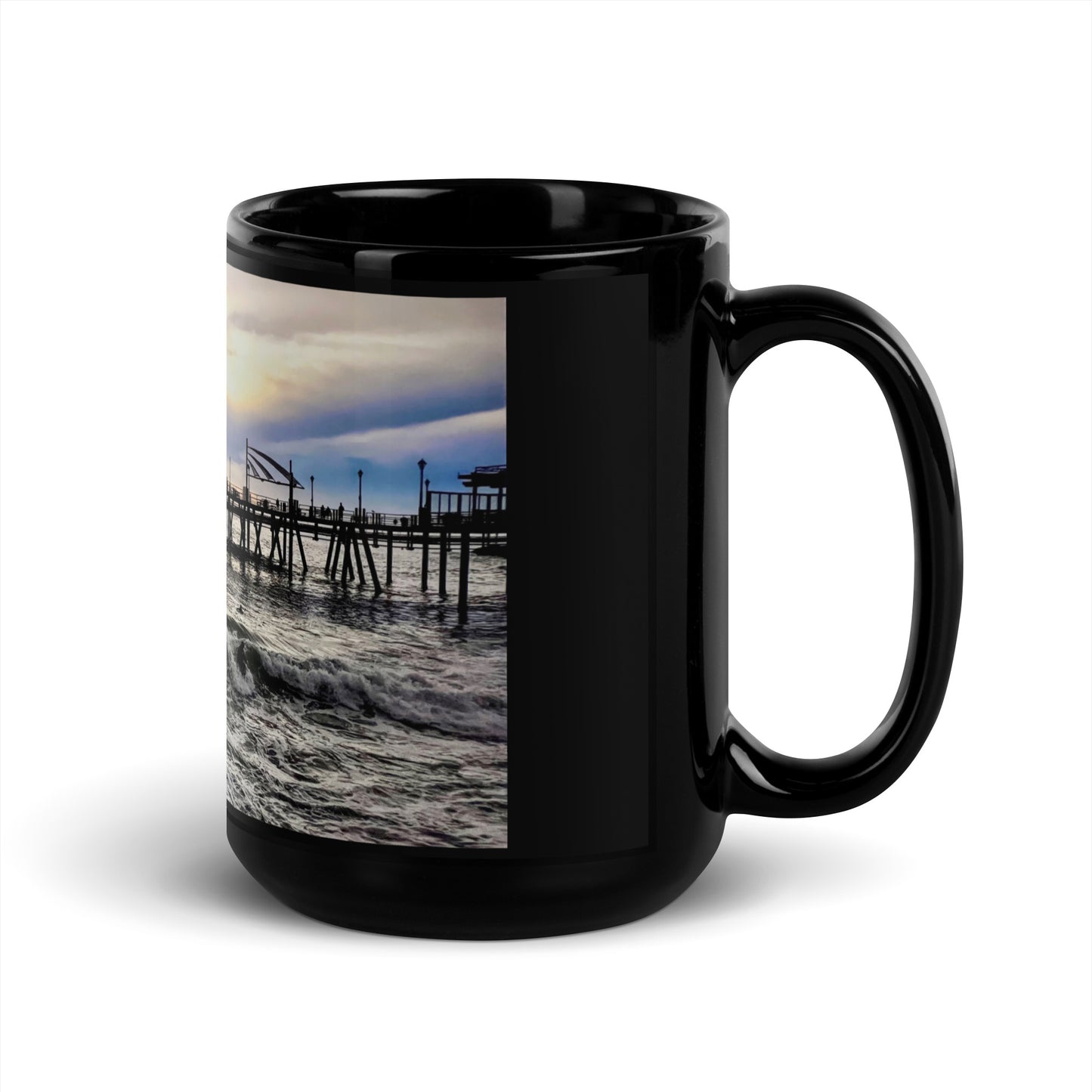 Redondo Beach Pier, Surfers at Sunset -  Black Glossy Mug