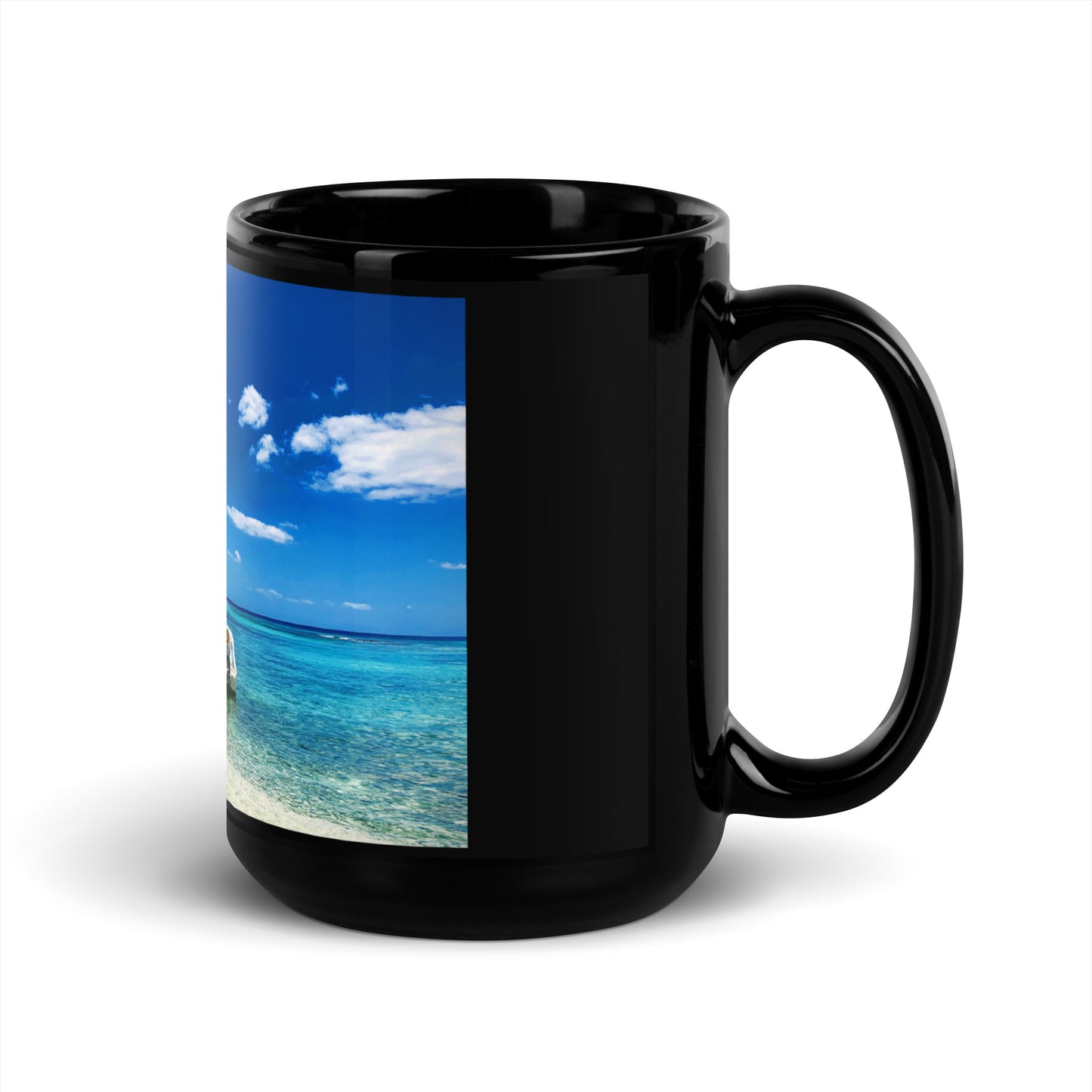 Tropical Waters with Boat - Black Glossy Mug