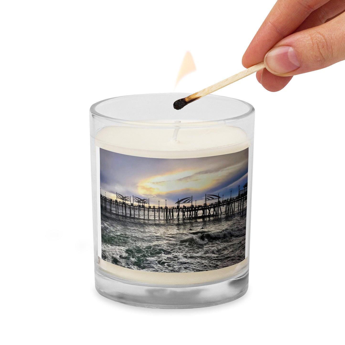 Redondo Beach Pier, Surfers at Sunset - Glass jar soy wax candle