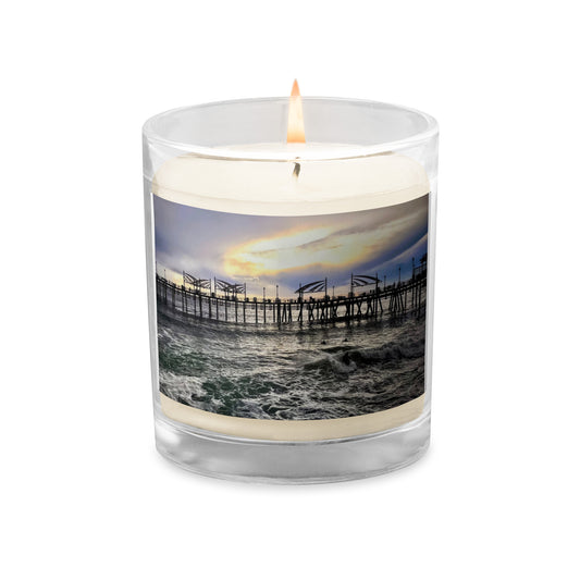 Redondo Beach Pier, Surfers at Sunset - Glass jar soy wax candle