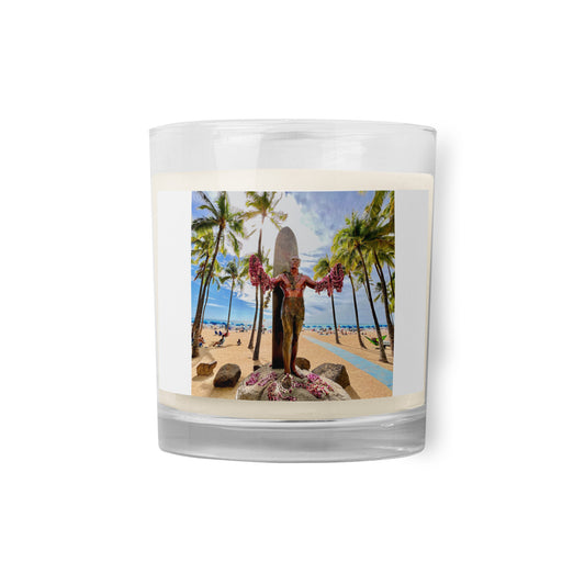 Duke Kahanamoku Statue, Oahu Hawaii - Glass jar soy wax candle