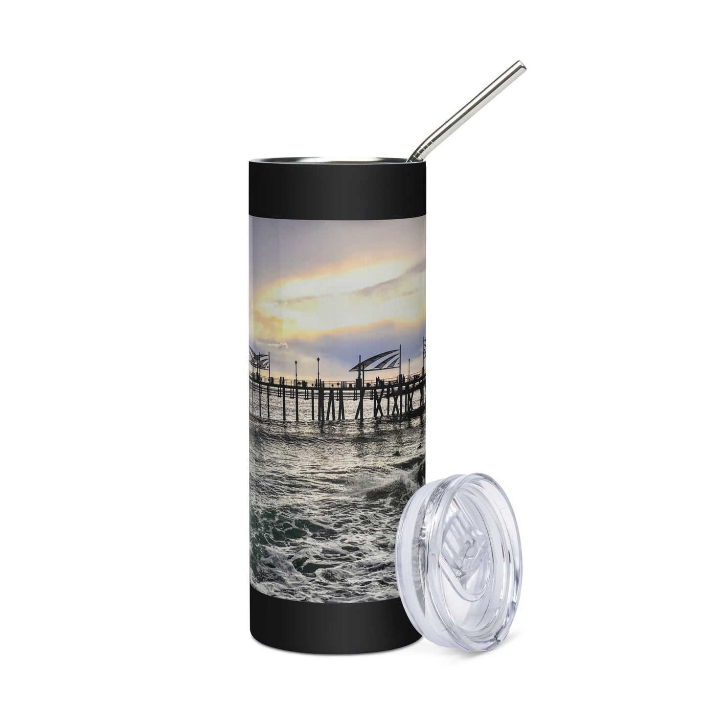 Redondo Beach Pier, Surfers at Sunset - Stainless steel tumbler