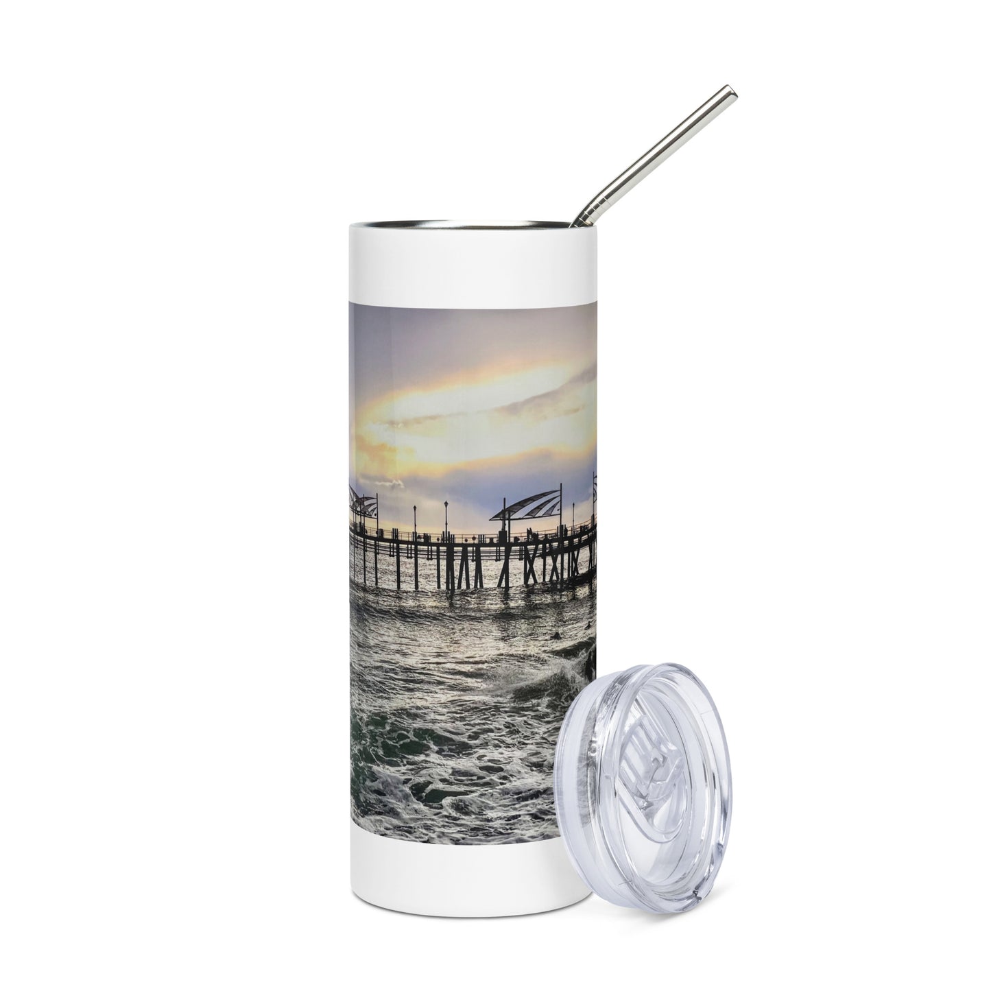 Redondo Beach Pier, Surfers at Sunset - Stainless steel tumbler